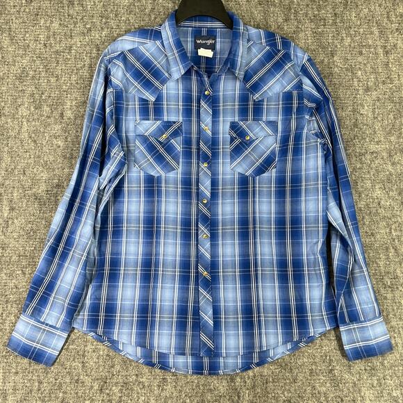 Wrangler Shirt Mens XL Blue Western‎ Pearl Snap Plaid Rodeo Cowboy Chore Ranch - Picture 1 of 6